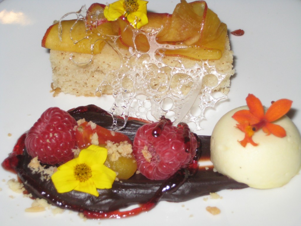 Chef Peter Smith dessert - Honey Roasted Heirloom Tomatoes w. Blackberry & Almond Streusel, Brown Butter Financier, Mascarpone Parfait & TX Peach Capriccio
