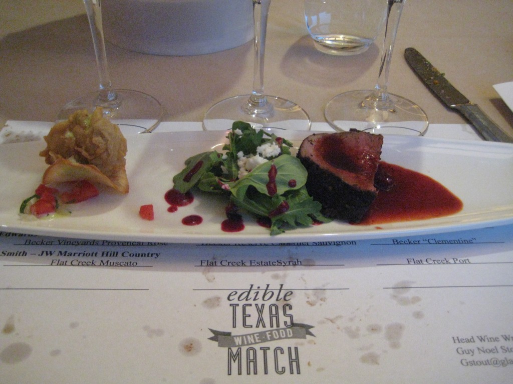 Winning Plate - Chef David Garrido - Crispy Oysters w. Habanero Honey Aioli & Pico de Gallo on left. Coffee Chipotle Marinated Beef Tenderloin w. Red Beet & Black Truffle Sauce